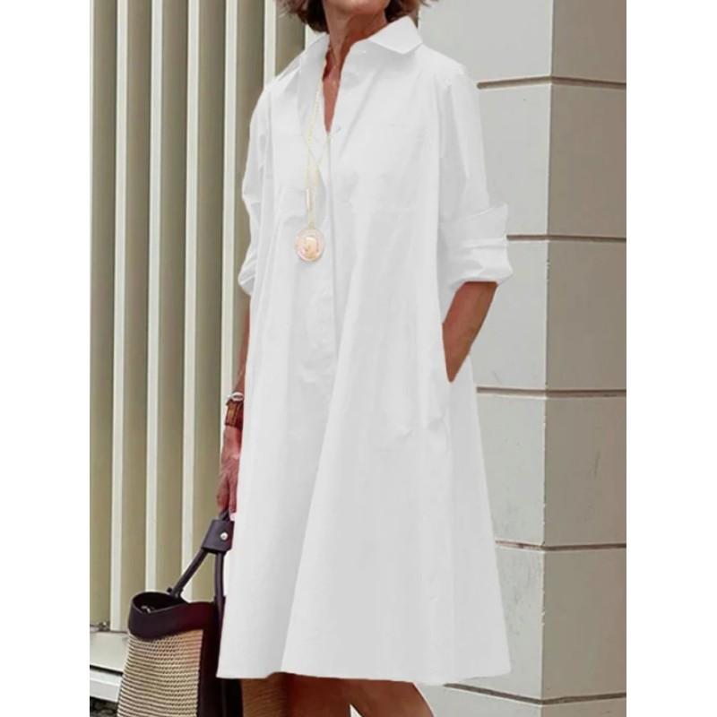 

Women s Simple Loose-fitting Long-sleeved Shirt with Round Neck Dress XS