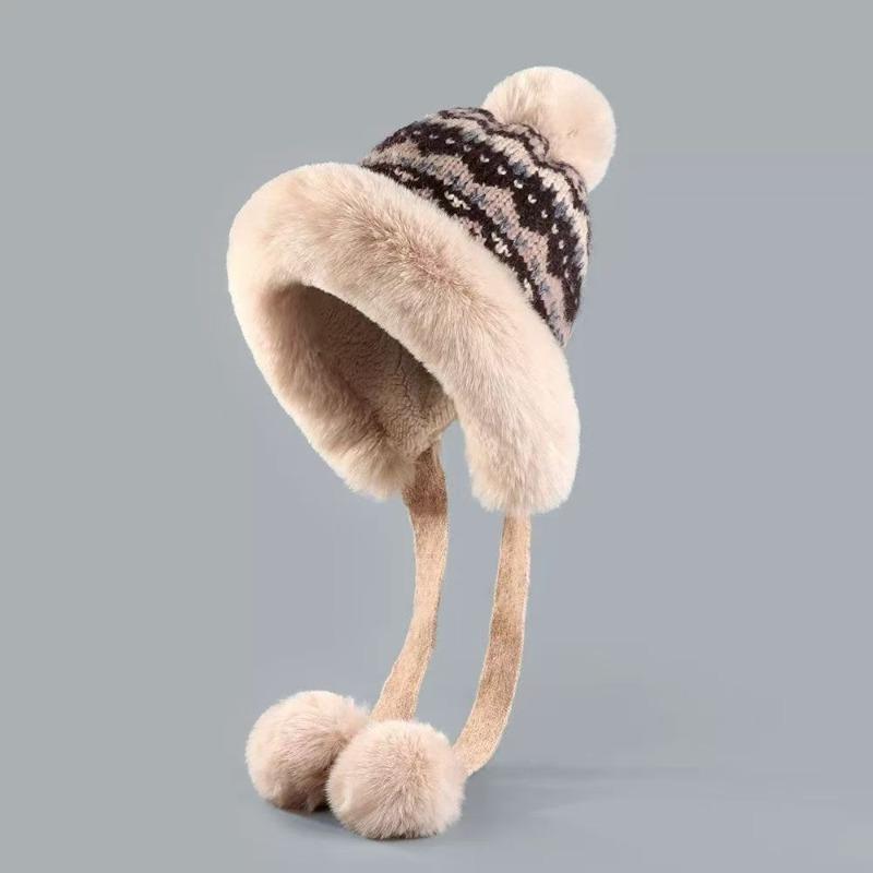 Winter Knitted Knitted Hat Warm Balaclava Hat Windproof Pompom Ear Protection Hat Fur Balls Thicken Beanie Hat Autumn and Winter