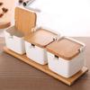 Simple Ceramic Seasoning Jar Bamboo Lid Spice Jar With Spoon Kitchen Sugar Salt Spices Storage Box Household Container