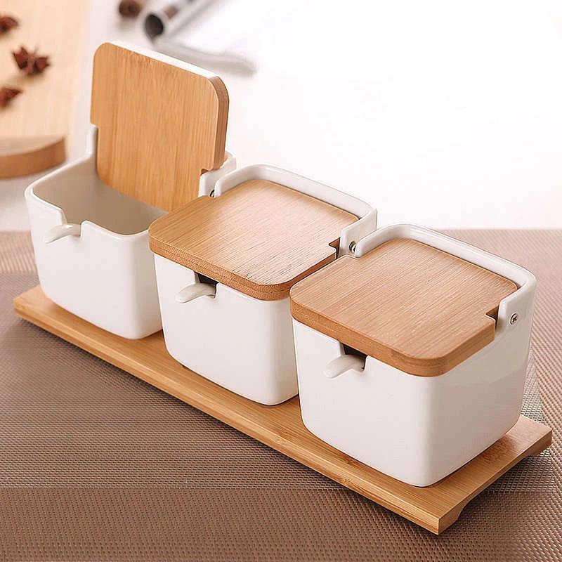 Simple Ceramic Seasoning Jar Bamboo Lid Spice Jar With Spoon Kitchen Sugar Salt Spices Storage Box Household Container