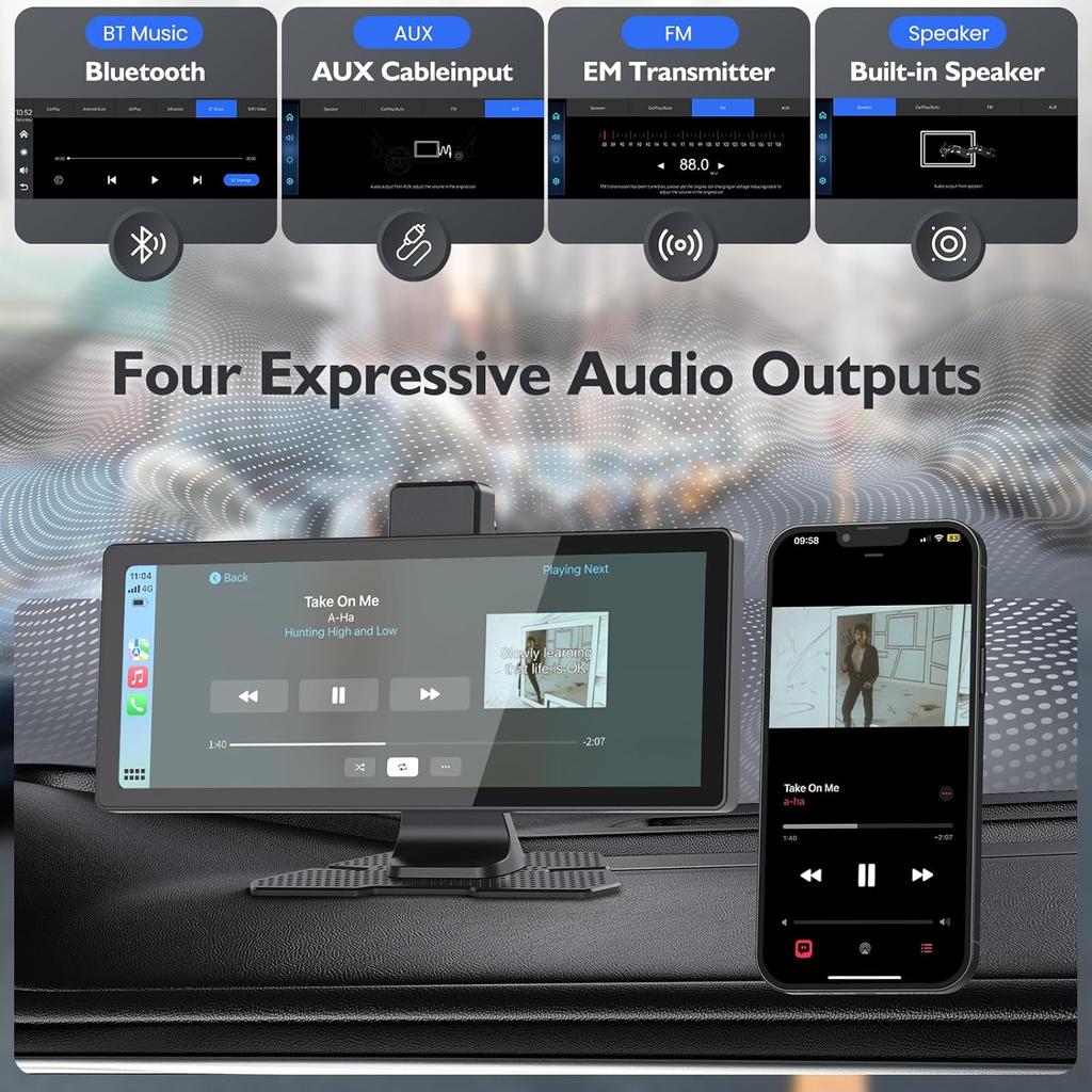 10.26" Portable Wireless Carplay Screen for Car, 4K HD Car Stereo Touch Screen with Apple CarPlay/Android Auto, 4K Dash Cam, 1080P Backup Camera,