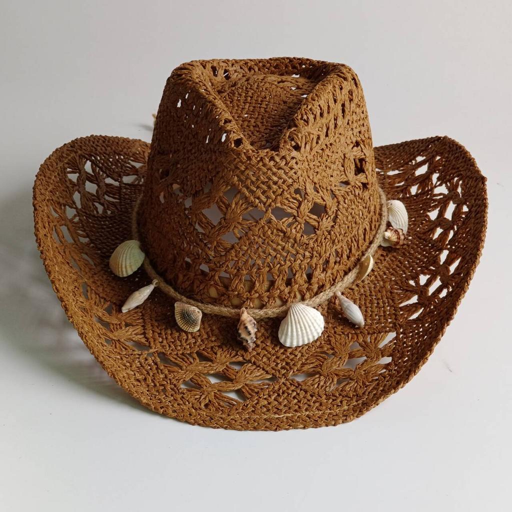 Sommer Strand Böhmischer Strohhut Holzperlen Ausgeschnitten Sonnenhut Muschel Damen Herren Westliche Cowboyhüte chapeau cowboy