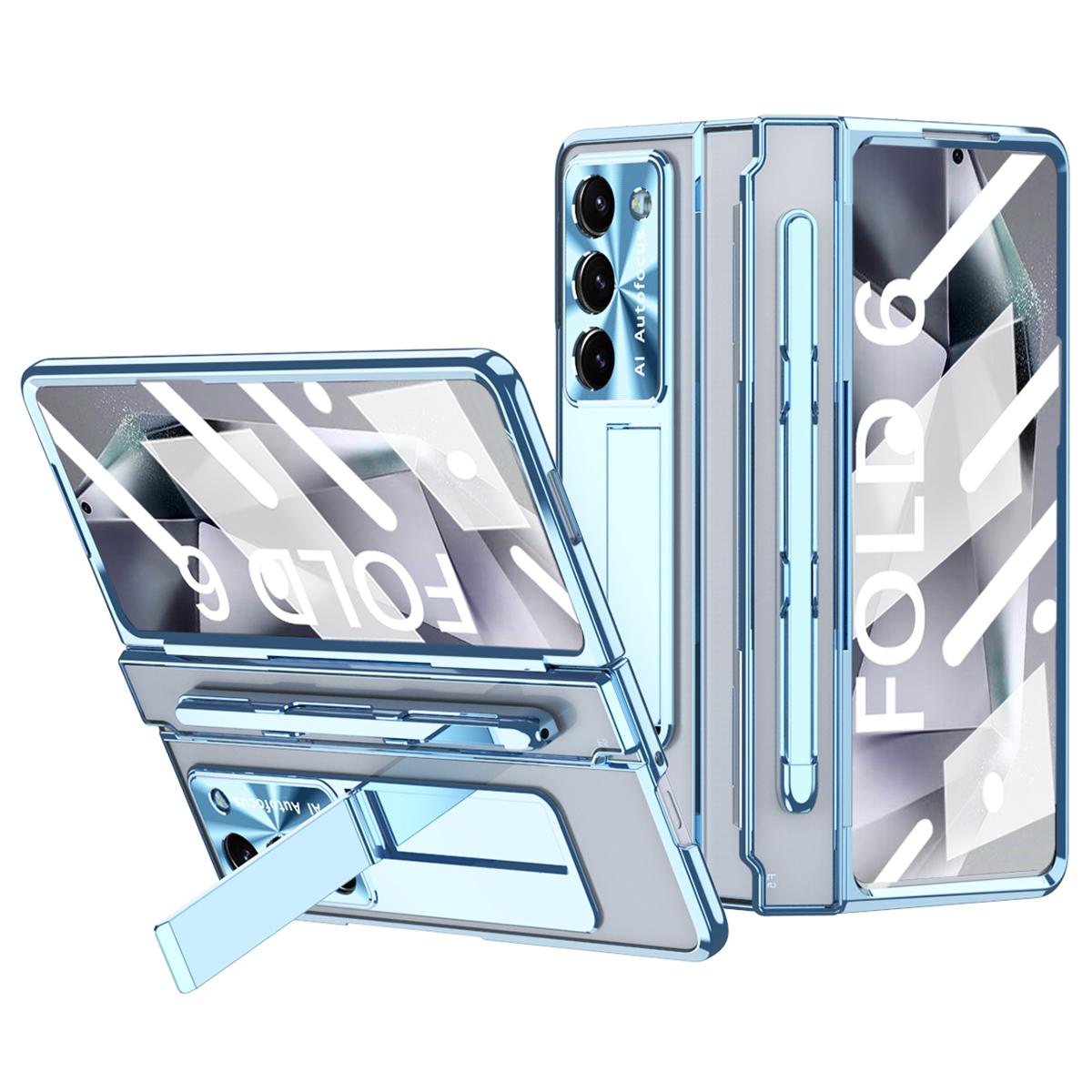 

For Samsung Galaxy Z Fold6 5G Kickstand Phone Case PC Folding Cover with Tempered Glass Film+Stylus Pen Blue