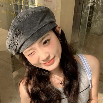Rivet Patch Painter Hat Retro Artist Cap Personality Washed Cotton Demin Berets  Unisex