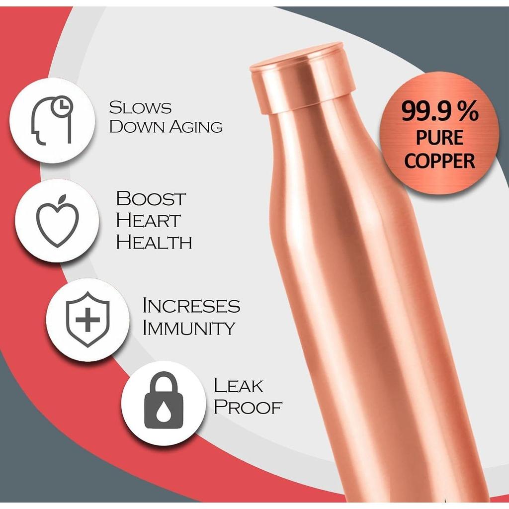 Copper Charge 1000 Water Bottle, Set of 2, 930 ml Each, Copper | 100% Leak Proof | Office | Gym Bottle | Yoga