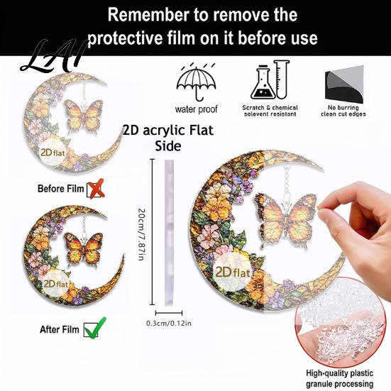 Transparent Acrylic Window Art Moon-Shaped Wreath Hanging Ornament Butterfly Angel Floral Stained Glass Style Mosaic Daily Home Furnishings