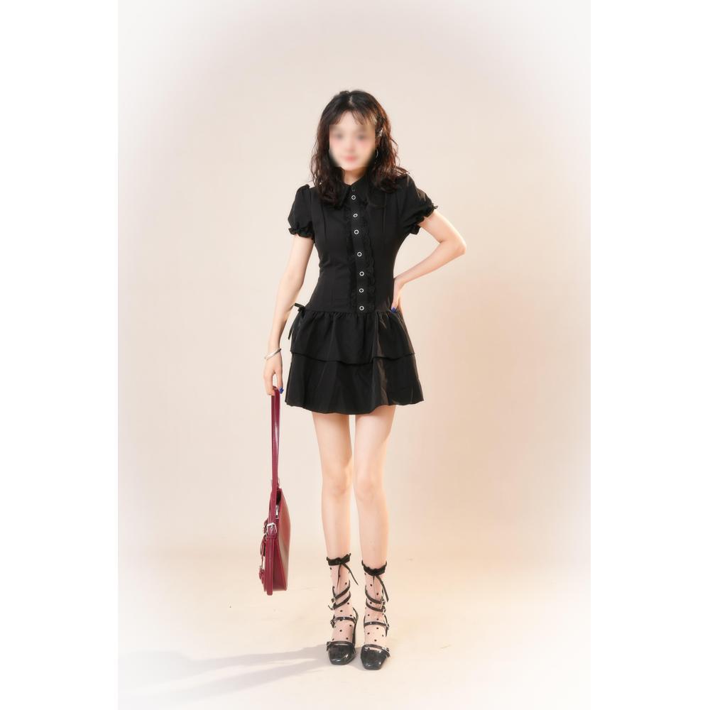

Academy style retro small lace splicing short-sleeved shirt dress women s summer new casual and thin short skirt XL- (recommended 110-60kg) чорний