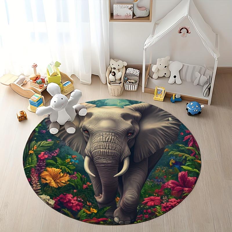 Elephant in Jungle Round Flannel Rug Printed Animal Art Floor Mat for Living Room Bedroom Kids Play Area Soft Non Slip Home