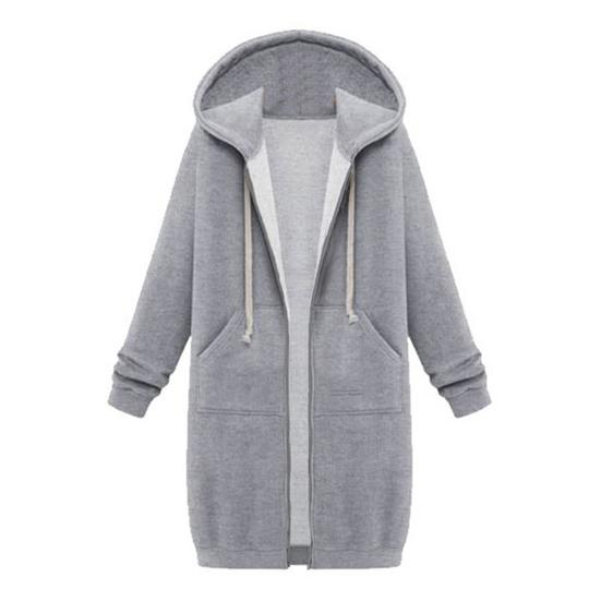 Women Sweatshirt Coat Hooded Adjustable Drawstring Long Sleeve Coat with Pockets Solid Color Mid-length