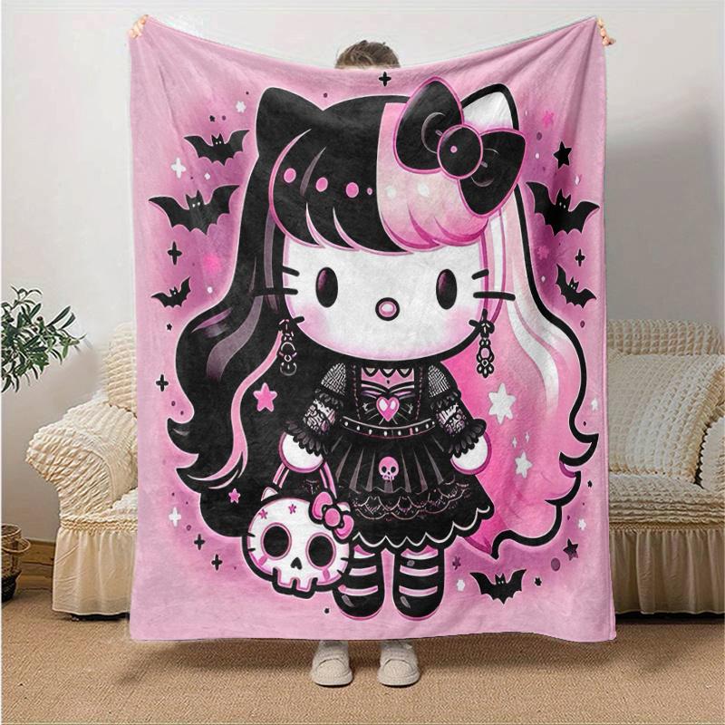 

1pc Hello Kitty Gothic Halloween Blanket, Home Decorative Throw Blanket, All Seasons Use, Living Room, Travel, Camping, Car Blankets, Beach, Office Na 130x150cm