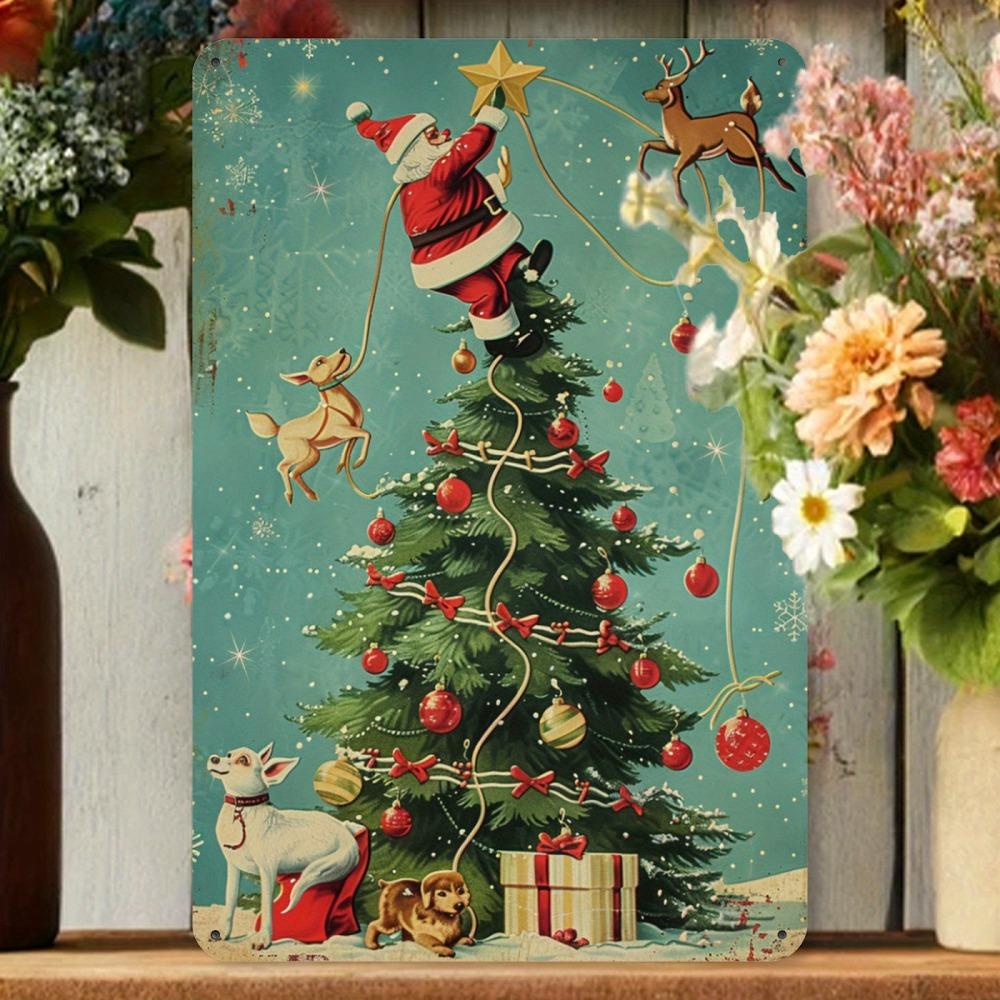 2D Flat Vintage Naughty Santa On Tree Metal Sign - Durable Iron Wall Art, Festive Christmas Decor for Home Office Cafe Garden