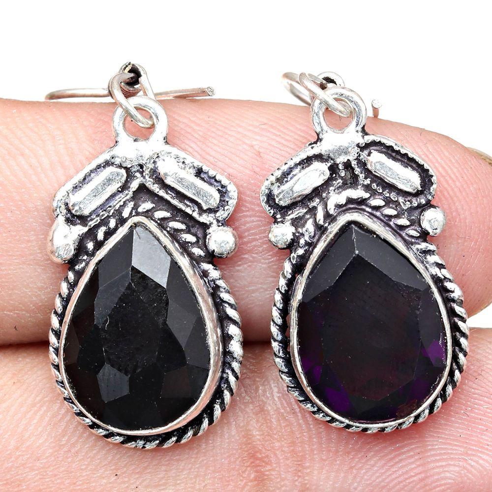 Black Spinal Gemstone Handmade Gift For Her Silver Jewelry Earrings 1.5''