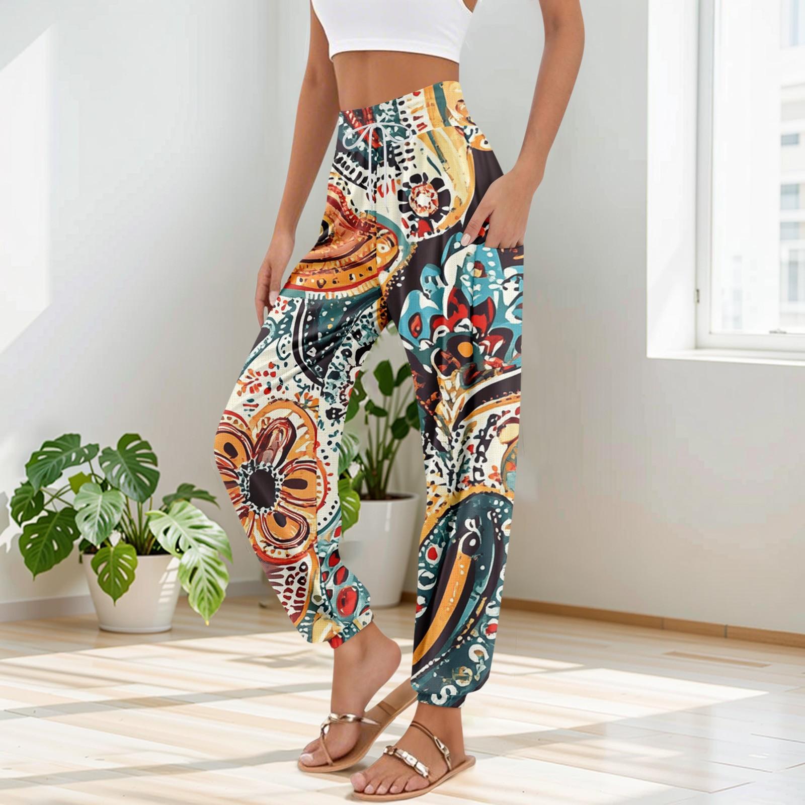 

Жіночі штани з кишенями на кулісці, з високою посадкою, для йоги, богемні, з принтом, повсякденні S