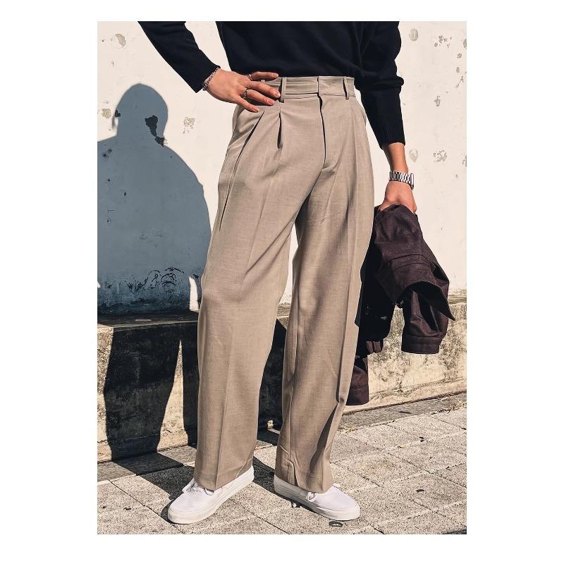 Men High Waist Double Pleated Loose Straight Non Iron Casual Suit Trousers