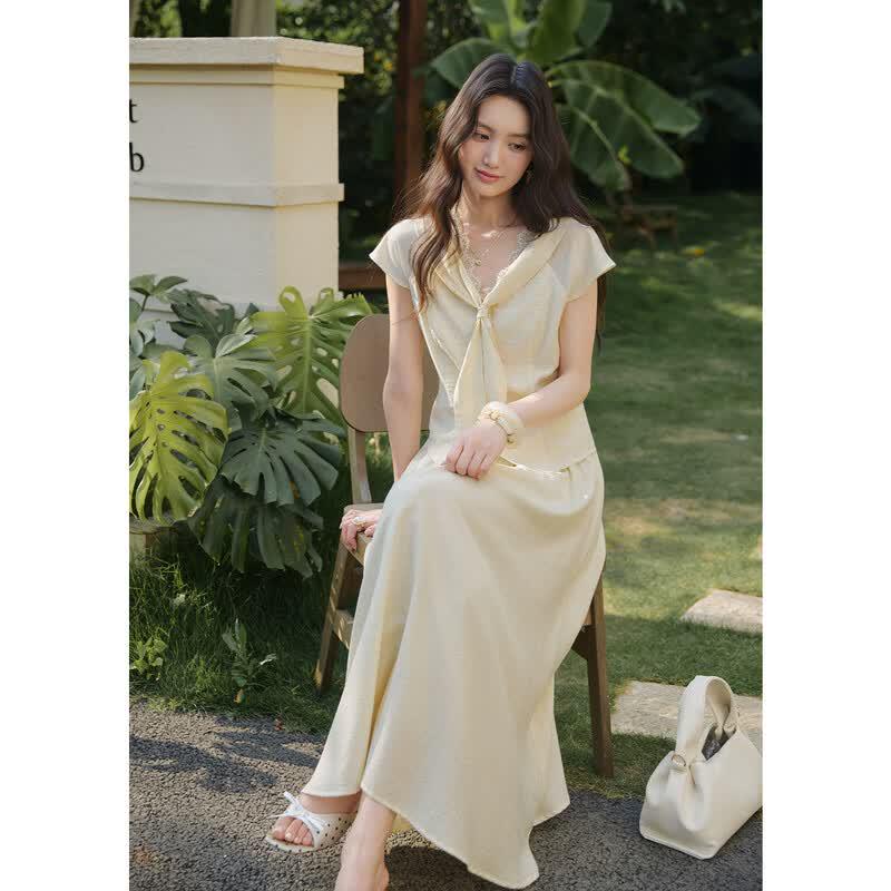 Women's Lace V-Neck Vest & A-Line Skirt Set