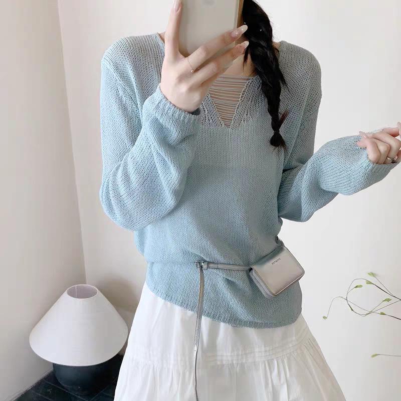 Spring new simple and light hollow casual versatile knitted sweater women's loose lazy long-sleeved top