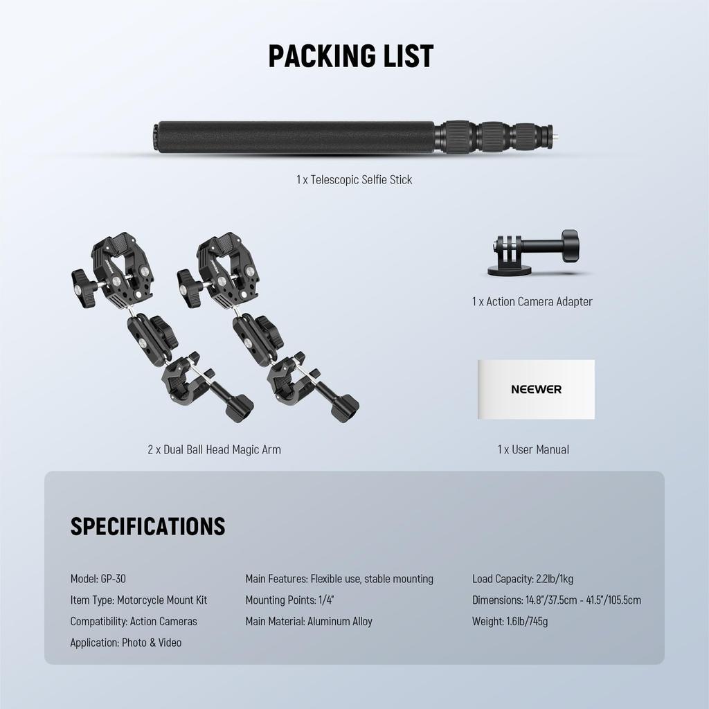 NEEWER Bike Camera Mount, Bike Multi-Bar with Dual Ball Head/Super Clamp/Action Camera Adapter, Bicycle Handlebar Hidden Selfie Stick, Clamp Bar Compa