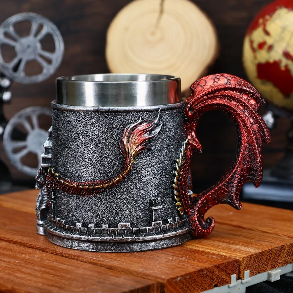 Western Monster Dragon Mark Coffee Cup, Stainless Steel Dragon Statue Water Cup, 3D Castle Guardian Dragon Beer Cup