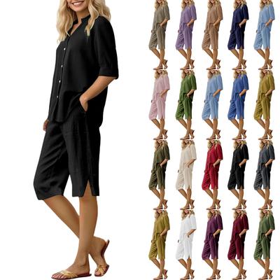 Women's Loose Fashion Solid Color Cotton And Linen Seven Sleeves Cardigan Shorts Set