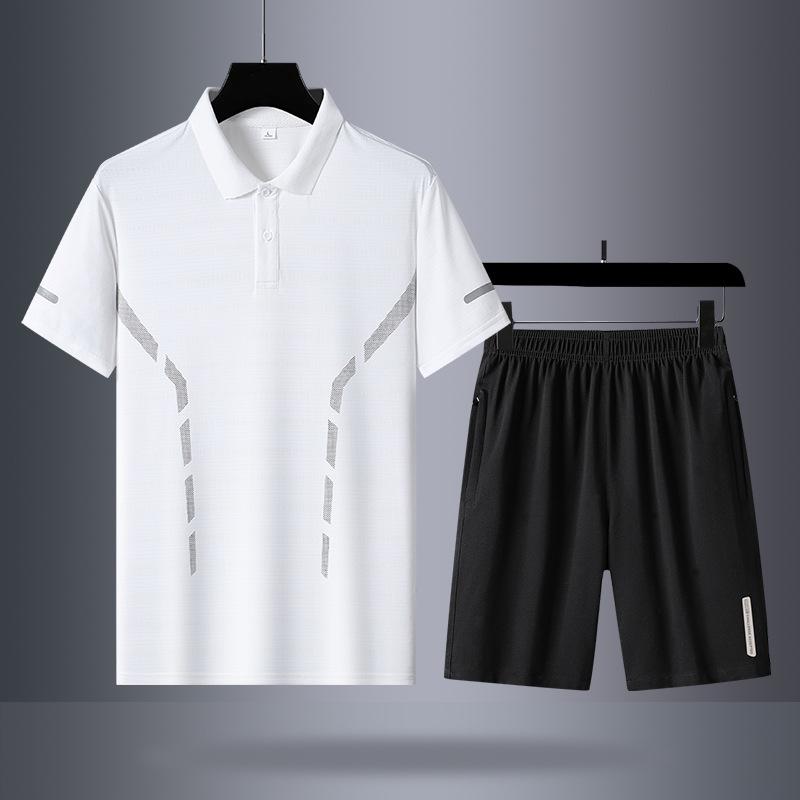 

Летний спортивный комплект из ледяного шелка, мужской, с коротким рукавом, для среднего возраста, для отдыха, комплект из двух предметов M белый