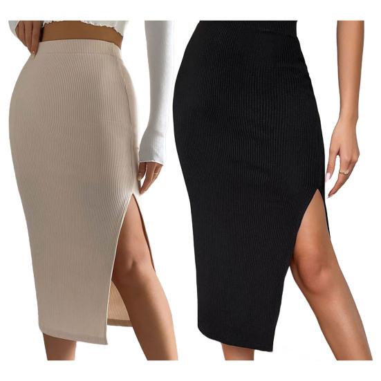 Women Midi Skirt High Waist Side Slit Design Knitting Skirt Solid Color Hip Wrapped Office Lady Skirt Daily Wear