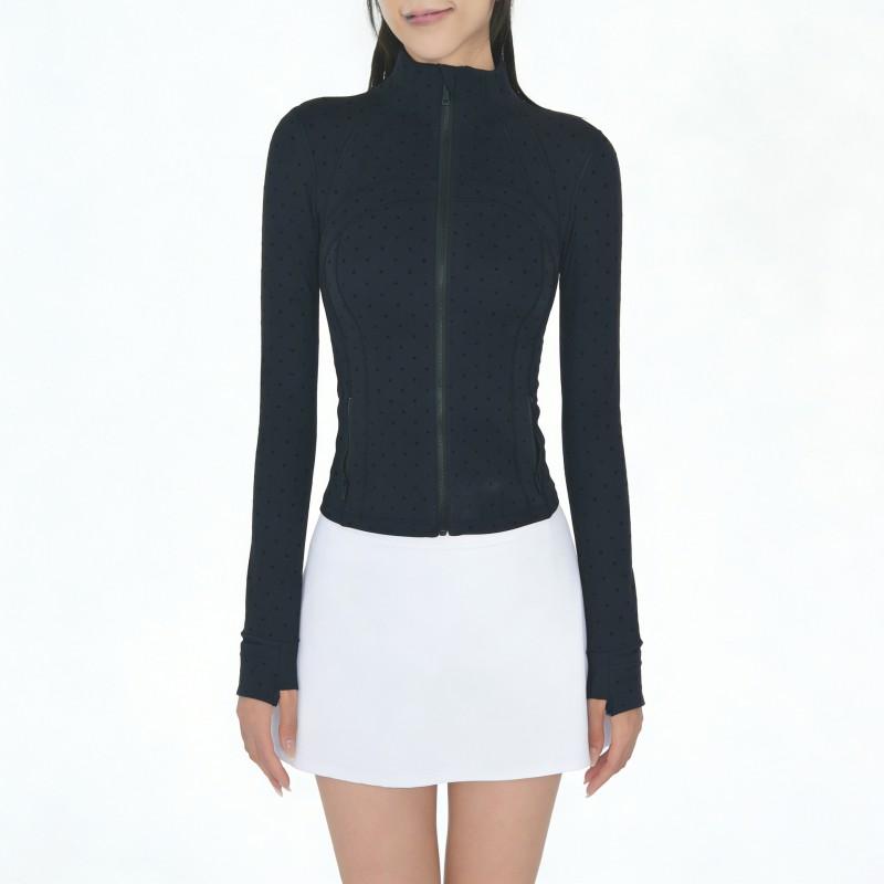 Flocked Polka Dot Cropped Stand Collar Jacket Womens Slim Fit Yoga Gym Pilates Activewear
