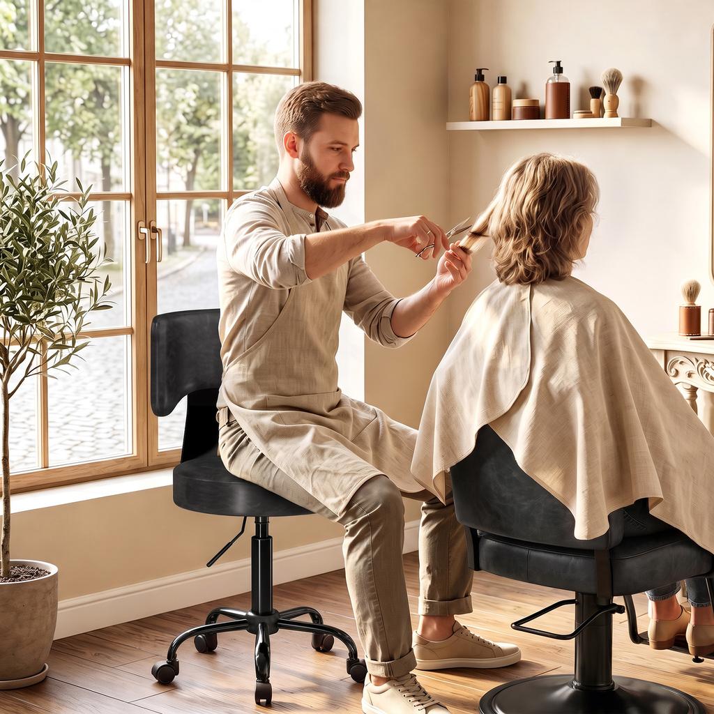 Rolling Stool, Height-Adjustable Salon Chair Made of PU Leather with Padded Seat, Backrest and Casters, Black