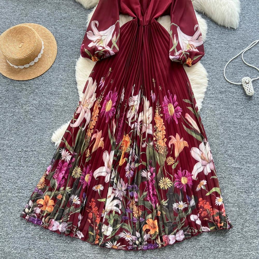 Hochwertiges bedrucktes Kleid für Damen Frühling Herbst A Schlank machende Taille und elegantes plissiertes langes Damenkleid