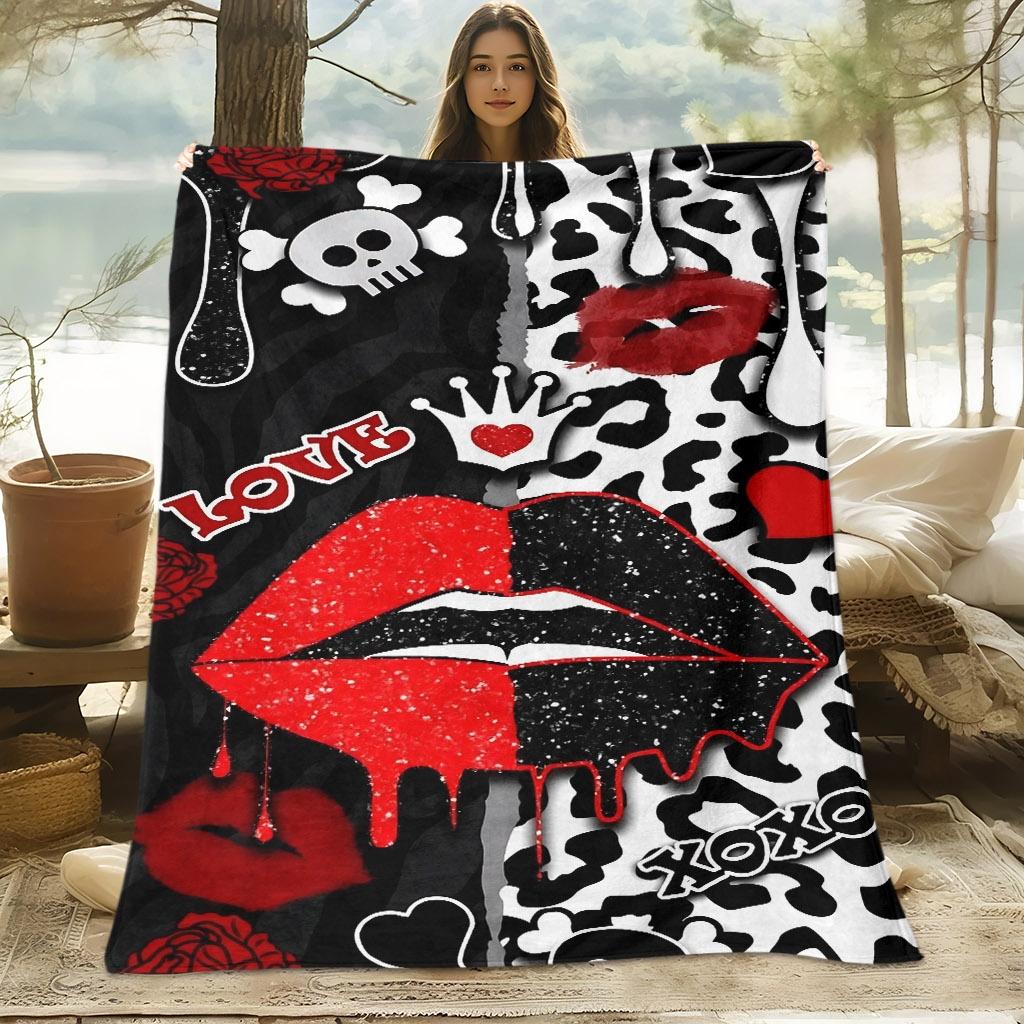 A Skin-Friendly Blanket Featuring a Love And Skull Pattern, Suitable for All Seasons, Perfect for Use on The Sofa, Made of 100% Soft And Comfortable P