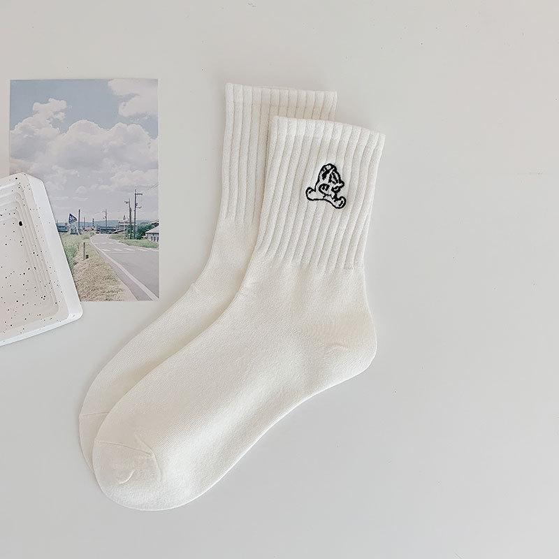 Women's Korean Style Smiley Embroidered Mid-Calf Sports Socks - Odor-Resistant & Sweat-Absorbent