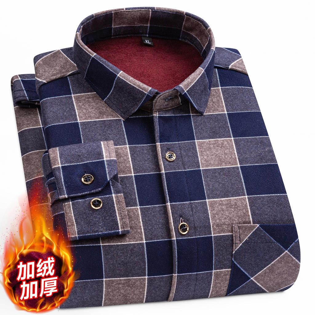 2026 Autumn Winter Men's Fashion Plaid Striped Print Shirts Double-sided Fleece Long Sleeve Thick Warm Shirts Soft Big Size 7XL