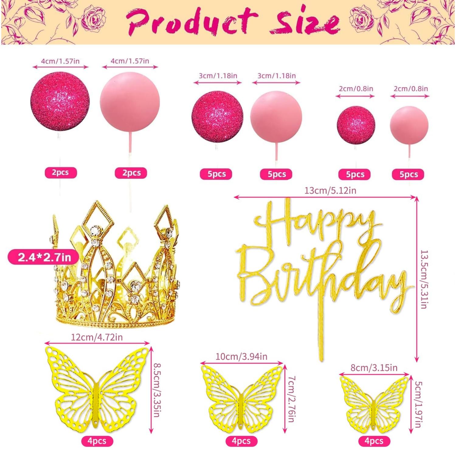 Topper Torta Palline Topper Torta Buon Compleanno Corona Tiara Farfalla Topper Torta per Compleanno Matrimonio Baby Shower Decorazioni Festa