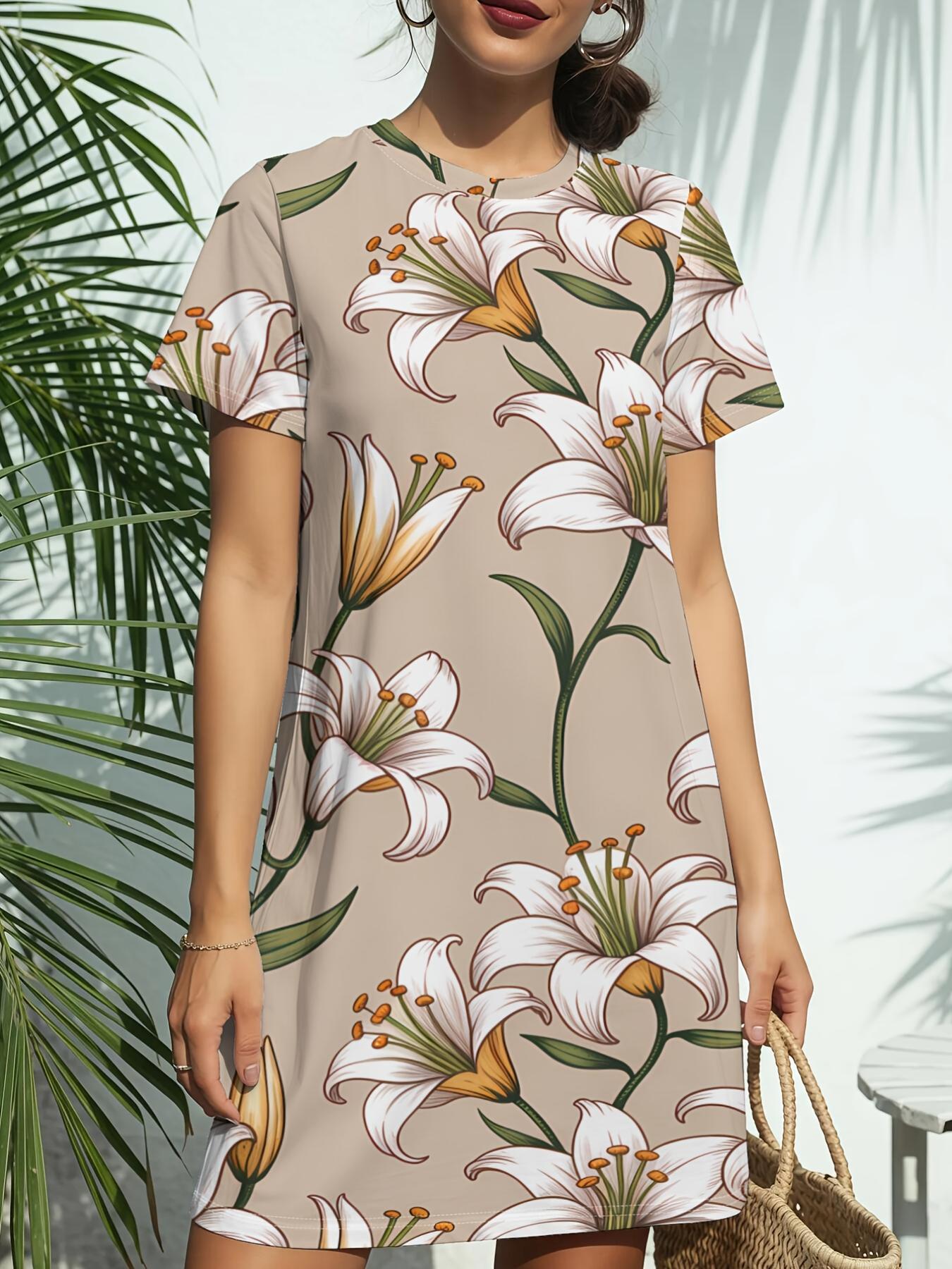 

Женское круглое платье-футболка с коротким рукавом Daisy Bloom Новинка. Американский модный цифровой принт. Повседневный Универсальный Стиль для Весны и Лета. Он 8XL дубильная кора