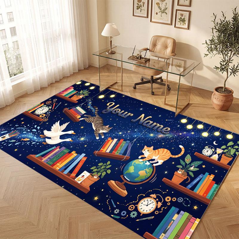Nature Library Travel Theme Crystal Velvet Floor Rug Personalized Custom Name Text Warm Carpet Home Decoration