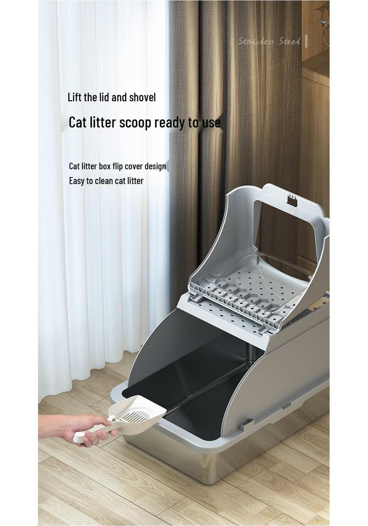Meow & Cross-Border Stainless Steel Cat Litter Box with Flip Lid, Anti-Splash Design with Raised Edge, and Non-Stick Base.