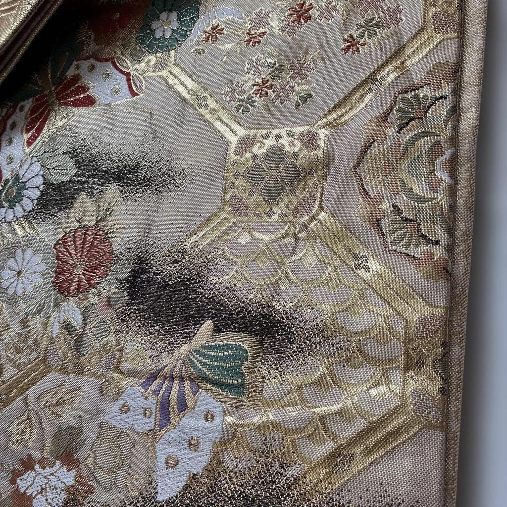 Used Fukuro Obi, Butterfly, Floral Pattern, Gold Thread, Japanese Accessories
