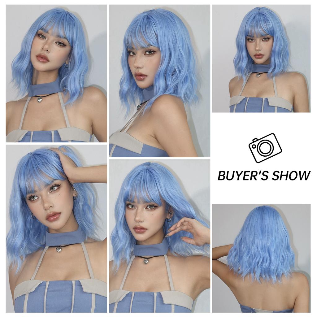 Parrucche Sintetiche Blu Bob Ricci Ondulate con Frangia Corte Colorate Blu Parrucca Cosplay per Donne Uso Quotidiano Lolita Capelli Naturali Resistenti al Calore
