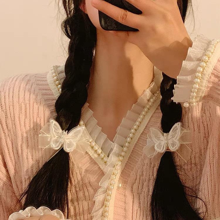 Super Fairy White Mesh Butterfly Pearl Hairpin, Nymph Fairy Beauty Bow, Small Hairpin, Side Braided Hair Headdress.