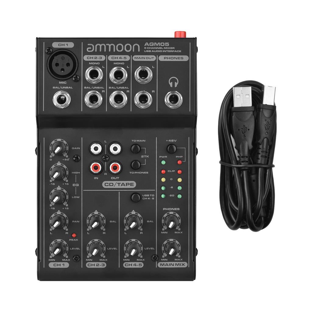 Ammoom AGM05 5-Channel Mini Mixer Mixing Console USB Audio Interface Plug-and-Play +48V Phantom