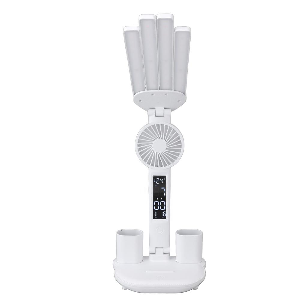 LED Desk Light with Fan Bright 4 Headed Touch Control Adjustable Foldable Table Lamp with Clock Date