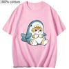 Damen Loviness Katze Hai T-Shirts für Mädchen Süße Katzen Print T-Shirt Baumwolle Sommer Rundhals T-Shirts Ästhetische Damen Kurzarm
