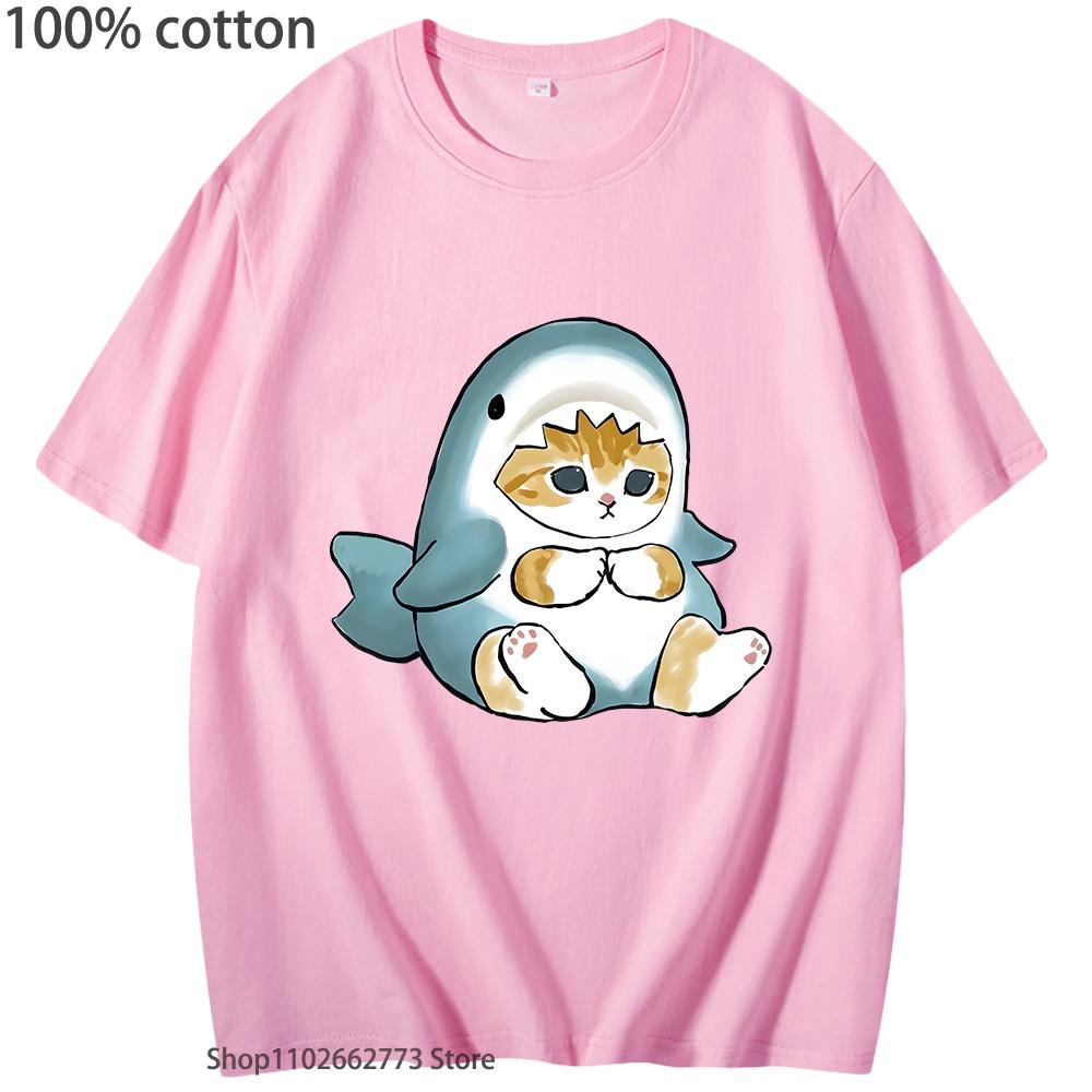 Loviness Katzenhai T-Shirts für Mädchen Niedliche Katzen Print T-Shirt 100% Baumwolle Sommer Rundhals T-Shirts Ästhetisch Kurzarm