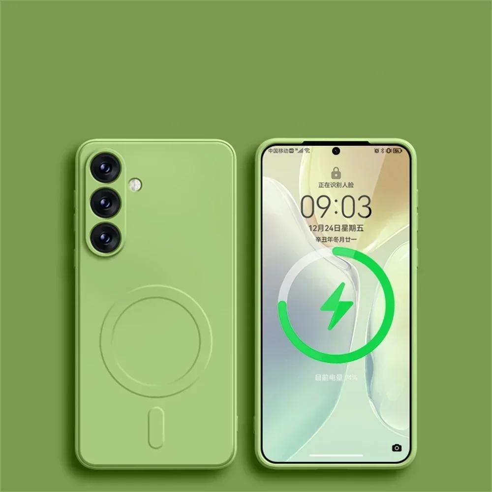 

For Magsafe Magnetic Wireless Charge Case For Samsung Galaxy A55 S24 S25 Ultra S23 FE S22 S21 Plus A15 A35 Liquid Silicone Cover For S21FE светло-зеленый