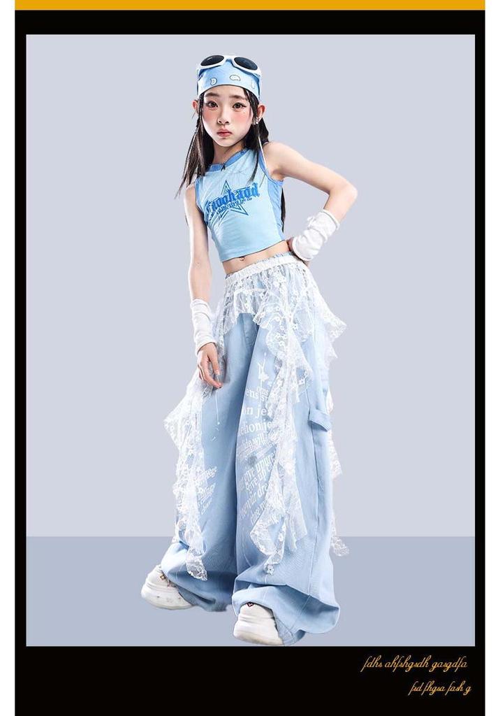 Trendy Blue Jazz Dance Costumes for Girls - Fashionable Performance Outfits for Children's Fashion Shows