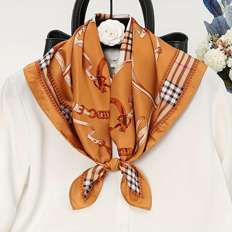 1pcs 70cm Plaid Chain Printed Square Scarf for Women Imitation Silk British Style Headwear Bag Decoration Clothing Square Scarf