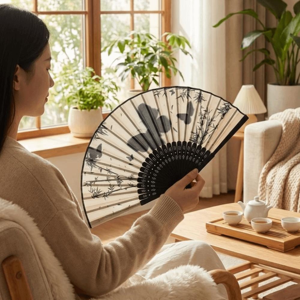 Wooden Handle Hand Fold Fan Chinese Style Classical Dance Fan Decorative Fan  Dance Props