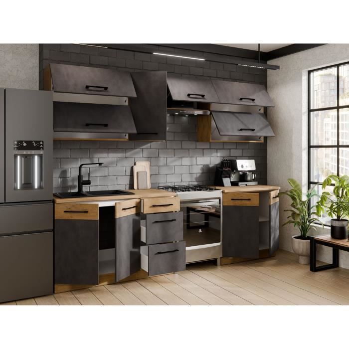 Cuisine complète ROCK 7 éléments - Décor chêne lancelot et gris matera - L260 x P 52 x H82 cm - Plan de travail non inclus
