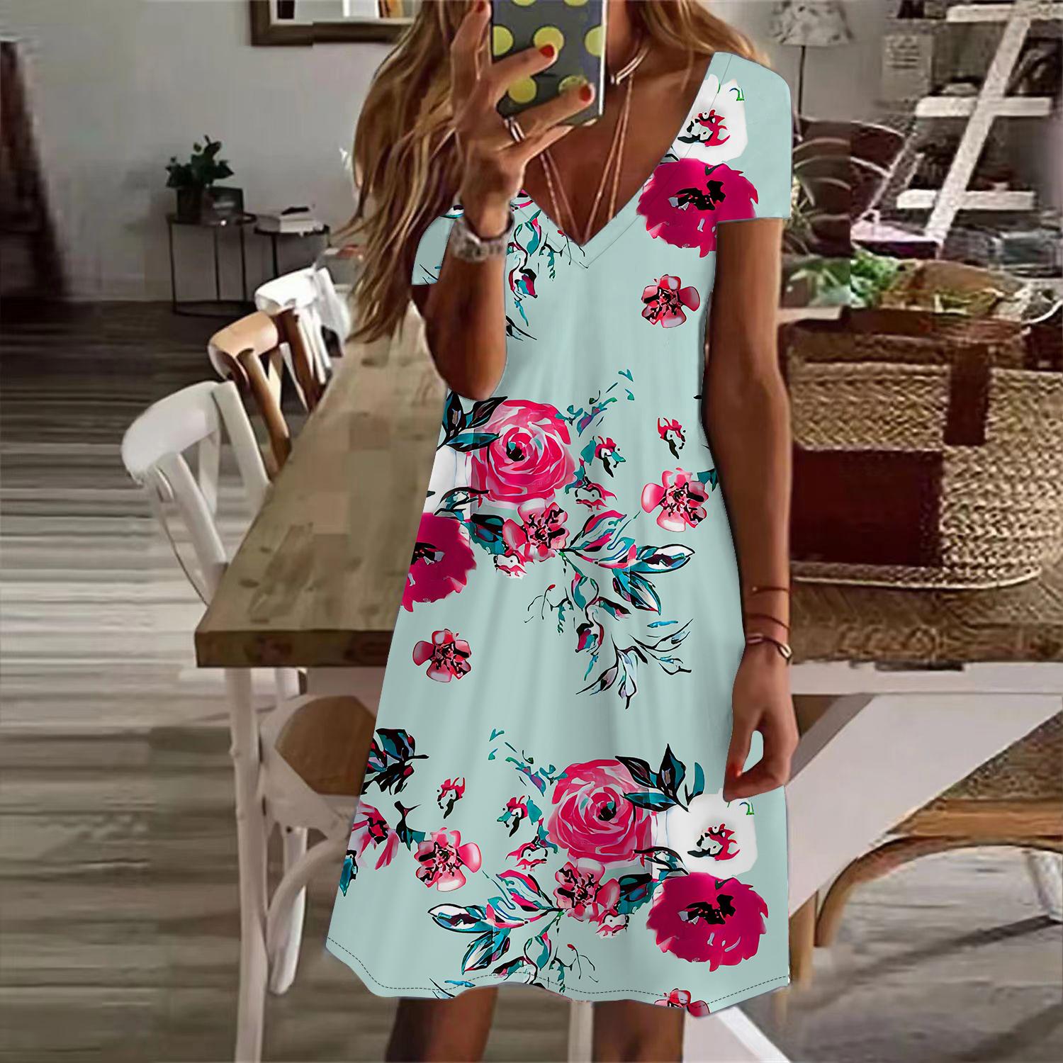 

Летняя мода женское платье с V-образным вырезом и коротким рукавом с принтом роз и красных роз Сексуальное платье 8XL ярко-розовый