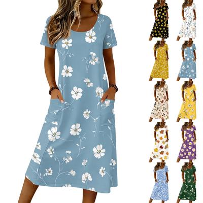 Dámské ležérní volné kulatý výstřih krátký rukáv s kapsami střední délky šaty