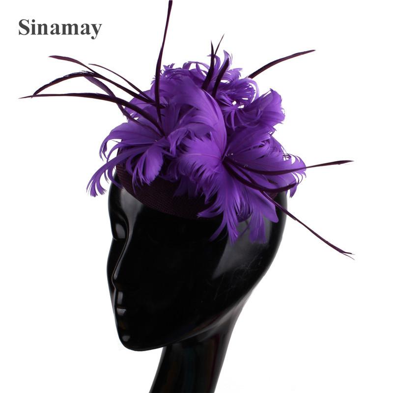 

White Top Hat Explosive Linen Banquet Sweet Top Hat Bride Feather Hairpin Europe And America темно-фіолетовий колір
